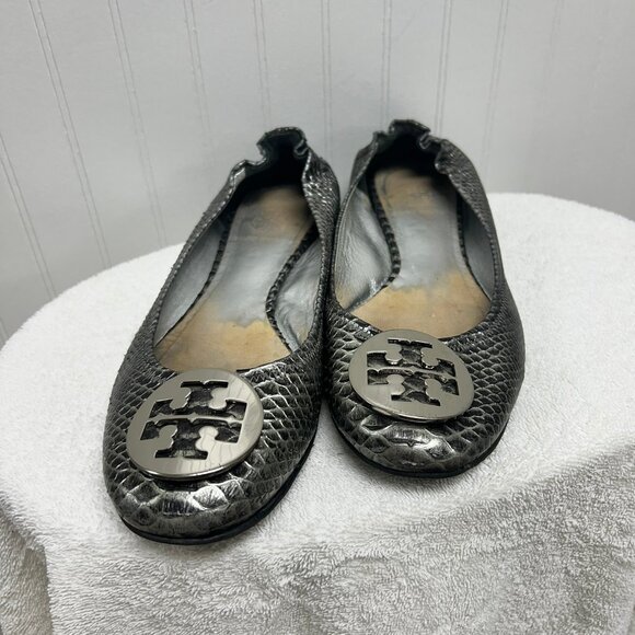 Tory Burch Reva Snakeskin Ballet Flats - Gray / Silver - Size 8 - Picture 3 of 5